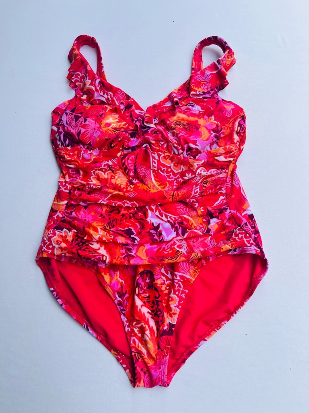 Lauren Ralph Woman’s Pink Floral One-Piece Swimsuit Ruffles Tummy Control 4-6